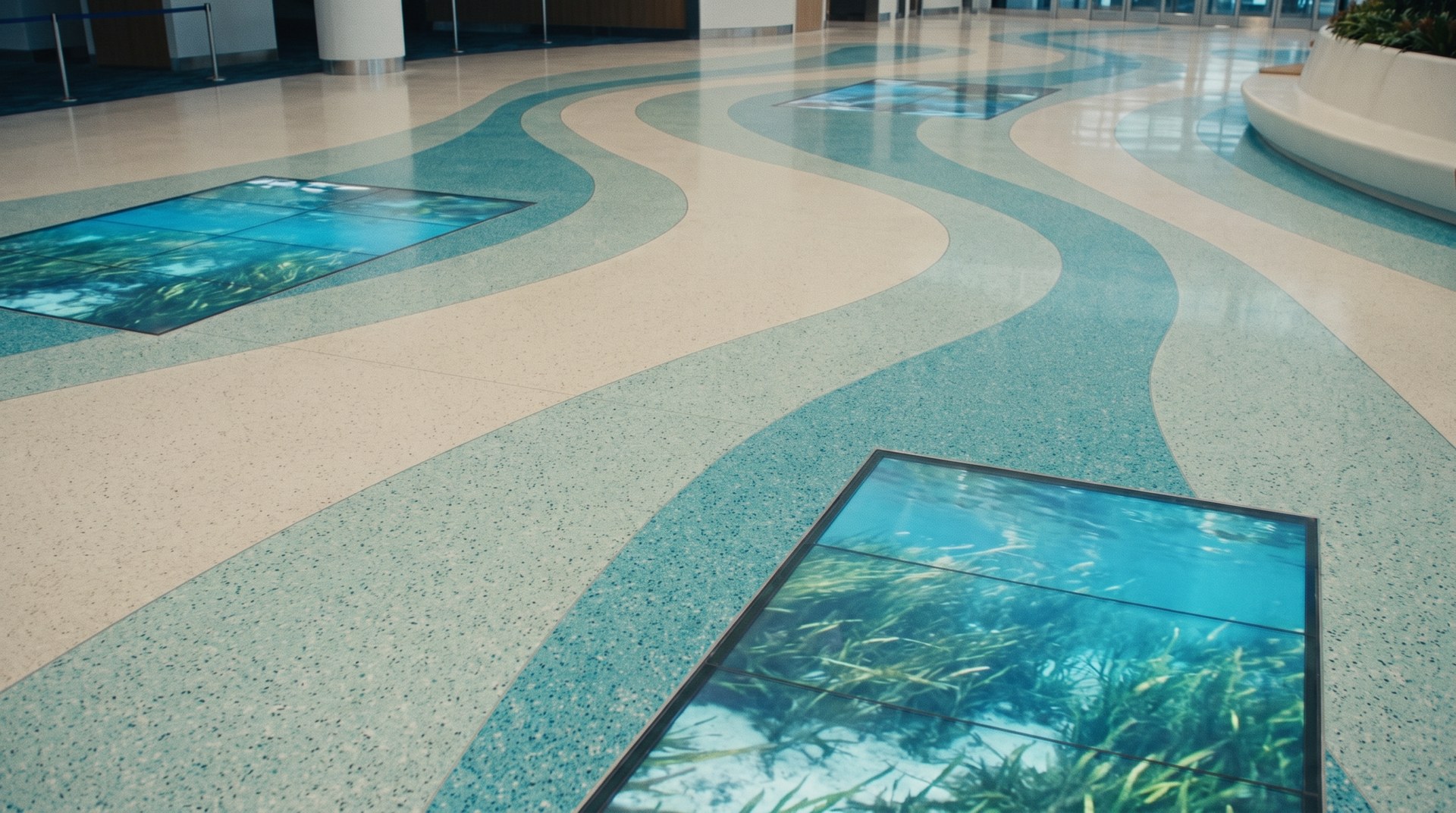 Floor LED ponds set in aqua terrazzo